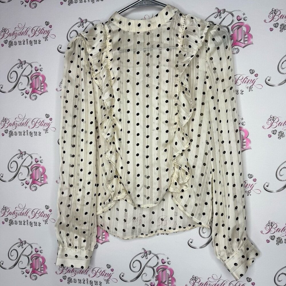 Polka Dot Ruffle Blouse White and Black frilly keyhole pearl buttons gold